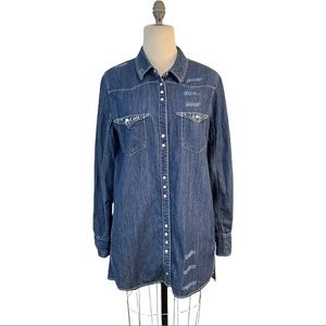 Free People Dark Denim Distressed Denim Mini Dress Long Tunic Large